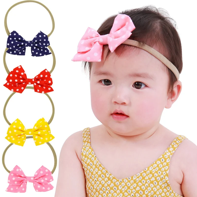 

4PCS/lot Newborn Fabric Butterfly Hair Bows Headband Dots Girls Knot Elastic Nylon Hair Band For Kid Photographic Props HC104