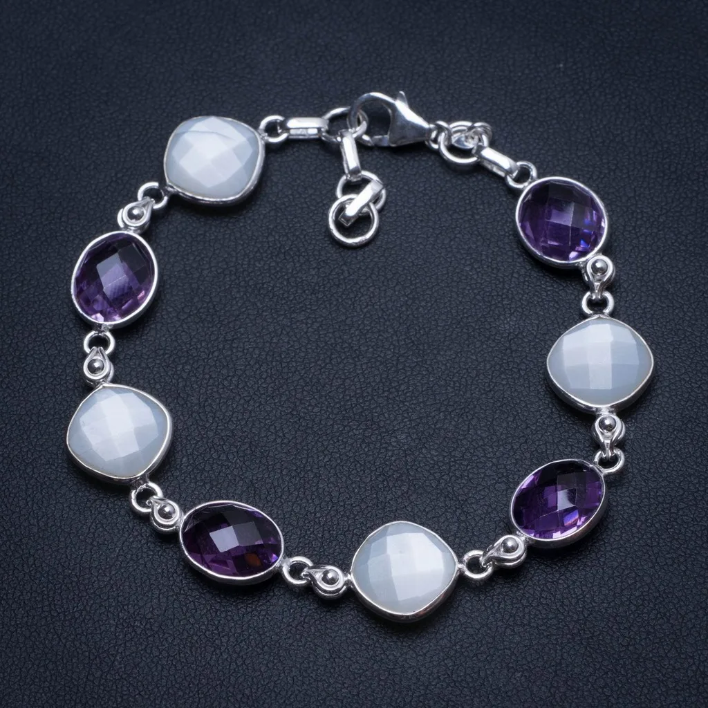 

Natural Mother Of Pearl and Amethyst Handmade Mexican 925 Sterling Silver Tennis Bracelet 7-7 3/4" T8281