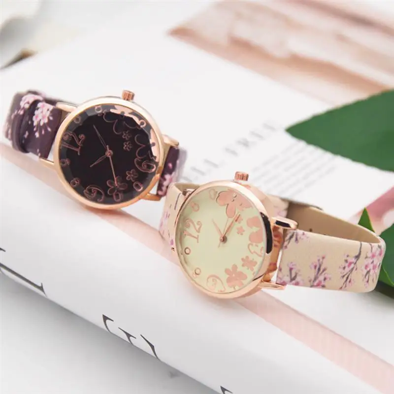 Fashion Women Flower Quartz Watch Round Dial Floral Watch Artificial Leather Casual Watch 2019
