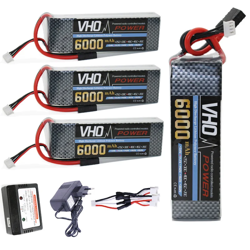 

VHO 4pcs 3S RC drone lipo battery 11.1v 6000mAh 40C and EU charger For RC Airplane Helicopter Truck Car AKKU Free shipping