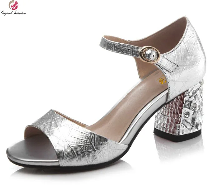 

Original Intention Gorgeous Women Sandals Cow Leather Open Toe Square Heels Sandals Silver Dark Green Shoes Woman US Size 3-10.5