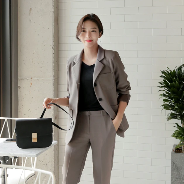 High Quality Long Slim Pant Female New Blazers Suit Solid gray Simple Women Pants Suits 2 Piece Sets Fall New Arrival S87404X High Quality Long Slim Pant Female New Blazers Suit Solid gray Simple Women Pants Suits 2 Piece Sets Fall New Arrival S87404X