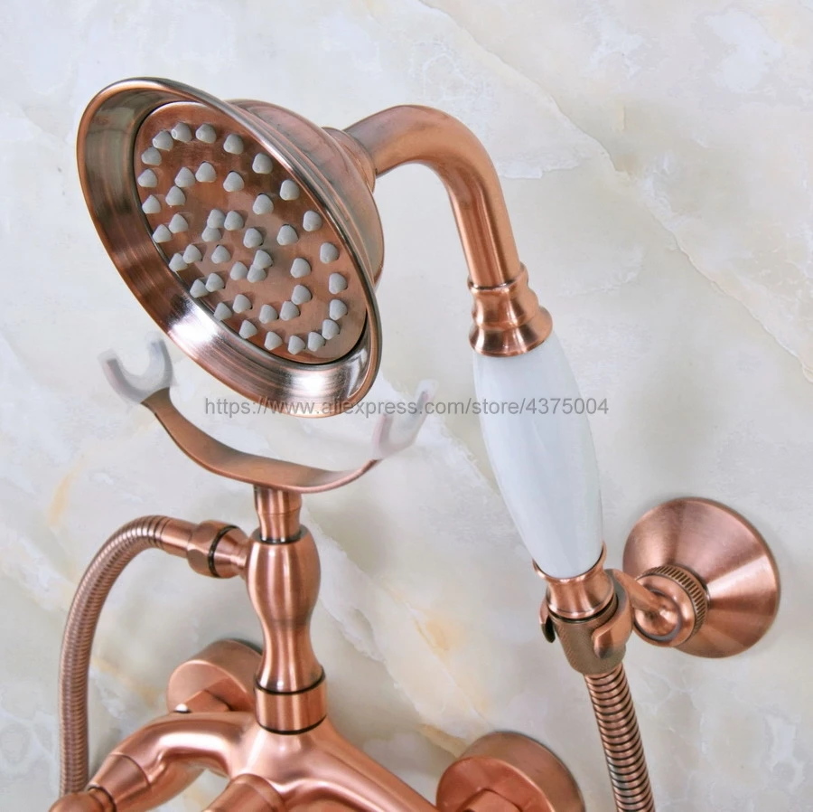 Antique Red Copper Bathtub Faucet Wall Mount Handheld Bath Tub Mixer System with Handshower Telephone Style Nna363