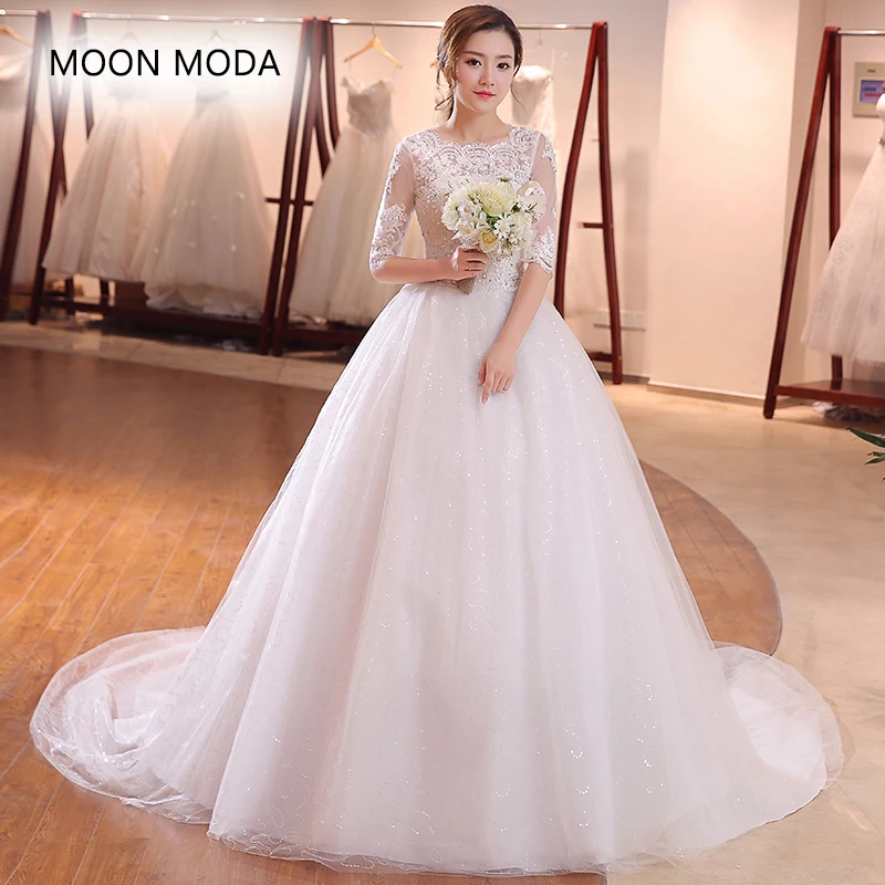 

Half sleeve white wedding dresses 2019 with long tail brides formal plus size lace up vestidos de noivas real photo
