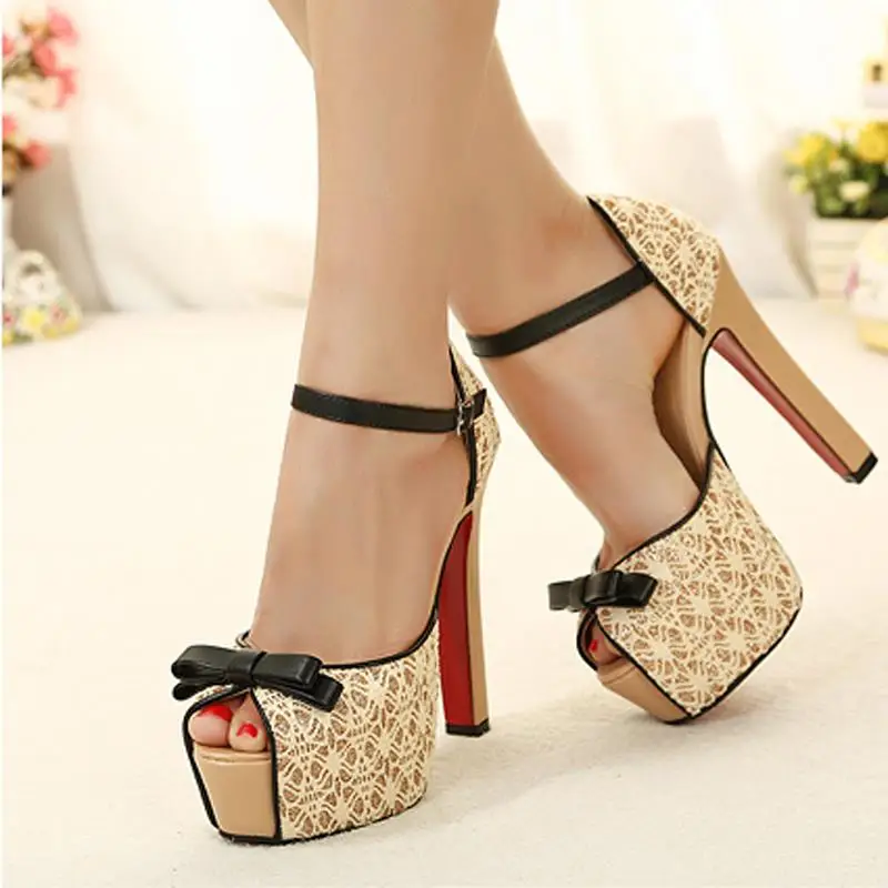 

Women's shoes 2015 spring lace bow open toe shoe color block decoration platform high-heeled shoes thick heel sandals