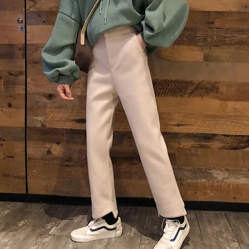 

modis Nine pants Casual high waist irregular Woolen pants woman spring autumn harajuku Korean Loose Wild Straight pants women