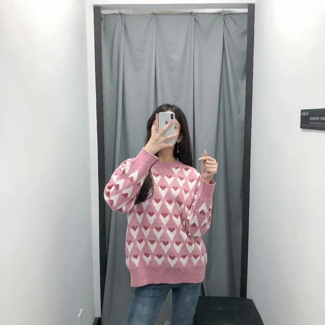 

2019 Autumn and Winter Clothes Women New Lazy Wind Round Neck Love Jacquard Pullover Sweater Women Pink Sweaters