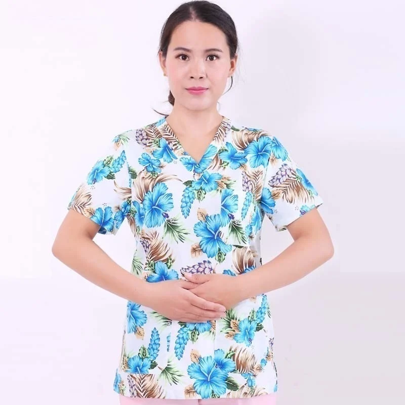 

LOVE SHADOW 100% cotton medical uniforms printed nurse uniforms women's scrub top v neck shirt surgical doctor clothing workwear