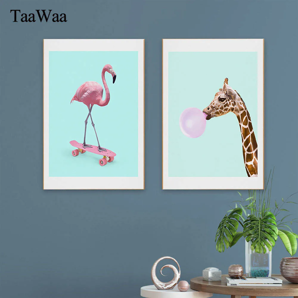 TaaWaa Фламинго ананас Жираф мультфильм постер печатает живопись на холсте, мультфильмы Синий Розовый стены искусства картина для декора гостиной