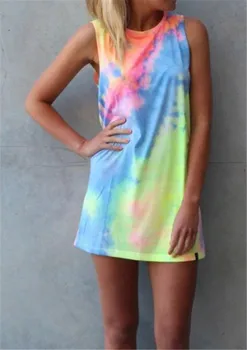 

Fashion Summer Dress Women Tie Dye Printed Mini Dress 2019 New Stylish Sleeveless Dresses women's clothing vestidos verano