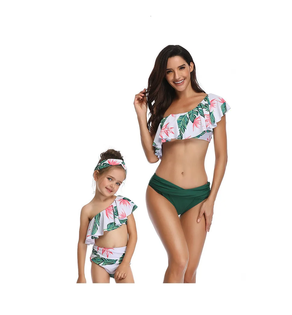 Mother Daughter matching Swimsuits Printing piece double lotus leaf Parent-Child Swimwear Family Matching Swimsuit Outfits