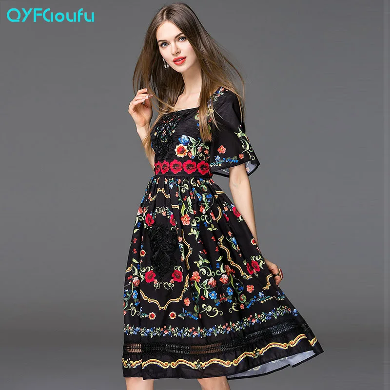 QYFCIOUFU Fashion Runway 2018 Summer Dress Women s Short Sleeves Casual Black Dress Floral Printed Splice
