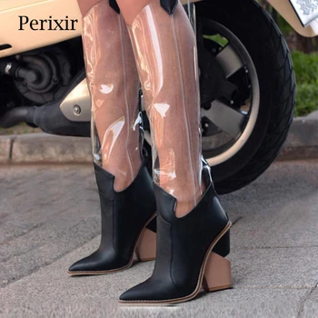 

Perixir Autumn Western Shoes Women PVC Thigh High Boots Clear Pointed Toe Crystal Heel Over Knee Transparent Rain Boots