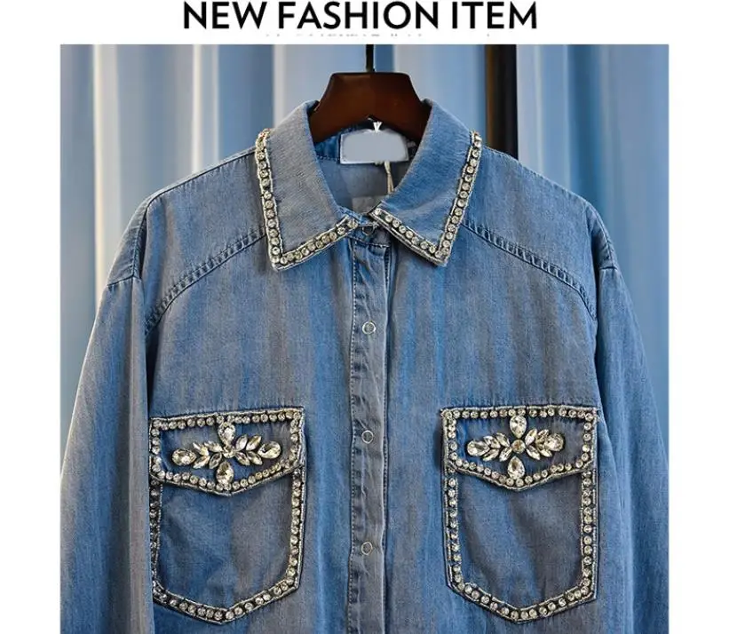 2019 Весна Новая женская Мода Алмазный бисер с длинным рукавом джинсовая рубашка Женская Повседневная Свободная Топ 1954