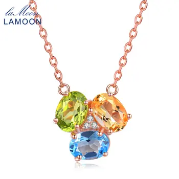 

LAMOON 925 Sterling-silver-jewelry Necklaces & Pendants Oval Yellow Citrine Green Peridot Blue Topaz Colar Party Necklace NI051