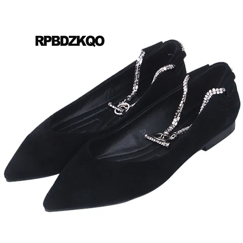 

Party Pointed Toe Women Flats Black Rhinestone Crystal Suede Genuine Leather China Diamond Ladies Beautiful Shoes Ankle Strap