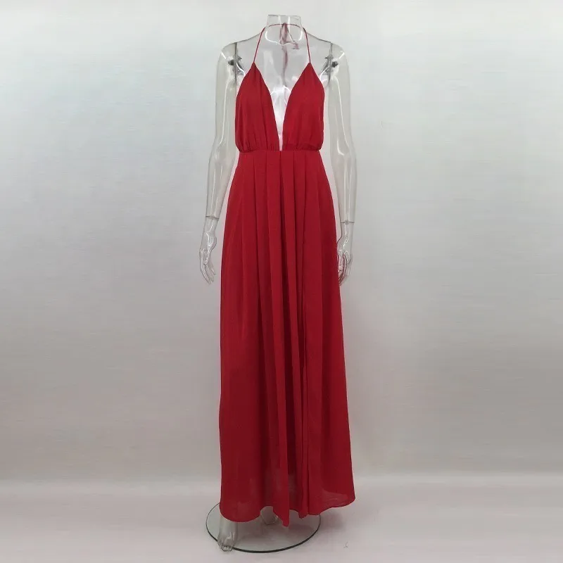 Justchicc летнее женское сексуальное длинное платье с v-образным вырезом на спине Элегантное повседневное Плиссированное шифоновое макси платье de festa Vestidos - Цвет: Red