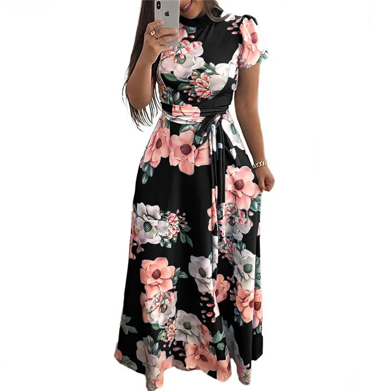 Rogi лето для женщин макси платье цветочный принт Boho женское пляжное платье водолазка Вечерние Длинное плюс размеры Vestidos Verano - Цвет: Black