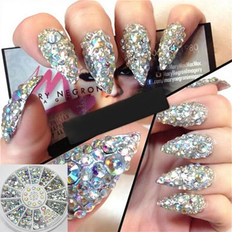 

1 Box Nail Art Rhinestones Glitter Diamond Gems 3D Tips DIY Decoration Wheel Mixed Size Nail Crystal Accessories for Women Girls