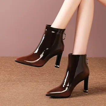 

MLJUESE 2020 women ankle boots cow leather zippers pointed toe winter short plush high heel boots women boots size 34-43