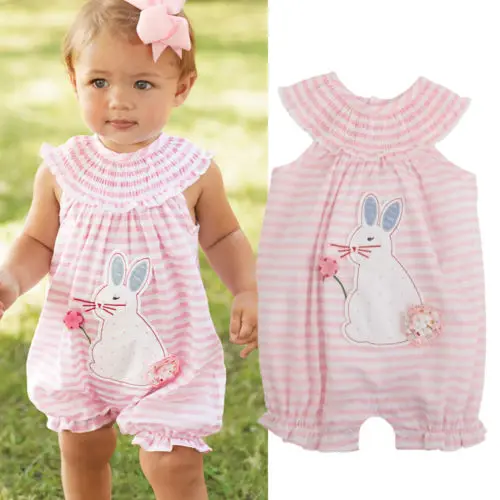 Мультфильм кролик Sleevelss новорожденных для маленьких девочек Комбинезон хлопковый комбинезон Летняя Одежда для девочек