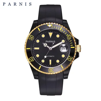 

Parnis 40mm Automatic Mechanical Mens Watch Black Yellow Ceramic Bezel Men's Watches Diving 100m Waterproof Man Clock