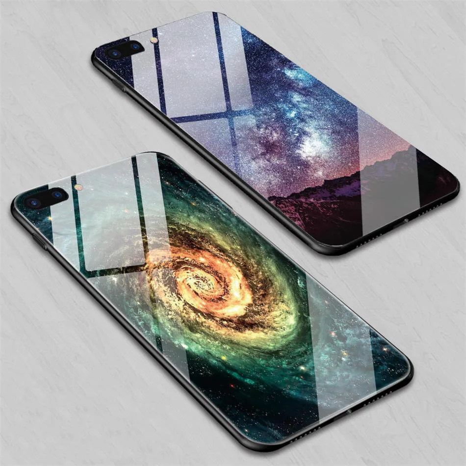 TOMKAS Temper Glass Case For iPhone X 8 7 6 6s Plus Cover Phone Cases For iPhone X 8 7 6 s Case Silicone TPU PC Star Sky Pattern (3)