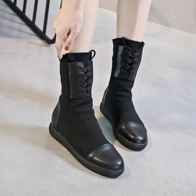 Women's Boots Autumn Winter Genuine Leather Mid-Calf Boots For Woman Winter Shoes Ladies Black Flat Boot Autumn Casual Shoe - Цвет: Black