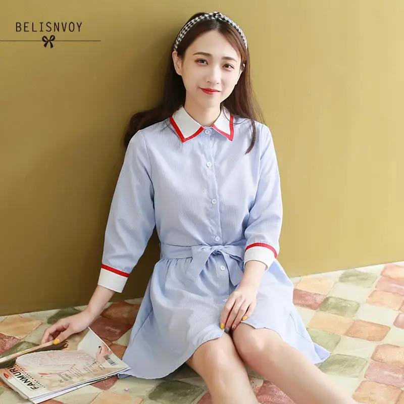 Mori Girl/летние платья для женщин повседневные свободные полосатые синие