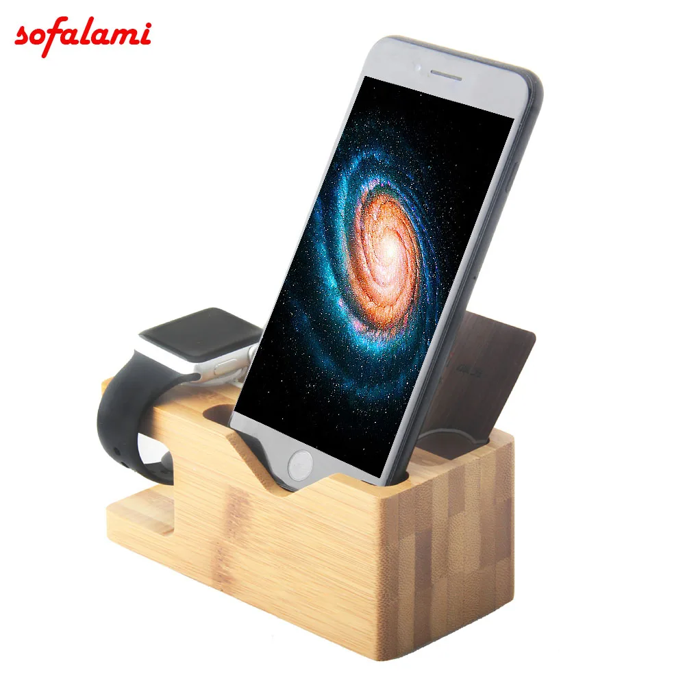 

3in1 Natural Bamboo Charging Dock Station Bracket Cradle Stand Phone Holder For iPhone XS MAX 7 8 Plus For Watch 38 42 mm