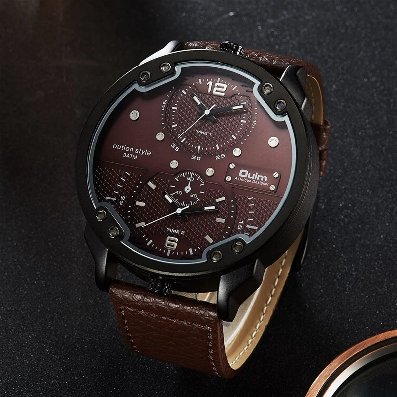 Oulm HP3548M Two Time Zone Big Men's Watches Luxury Brand Large Dial Casual Leather Strap Wristwatch Man Sport Watch