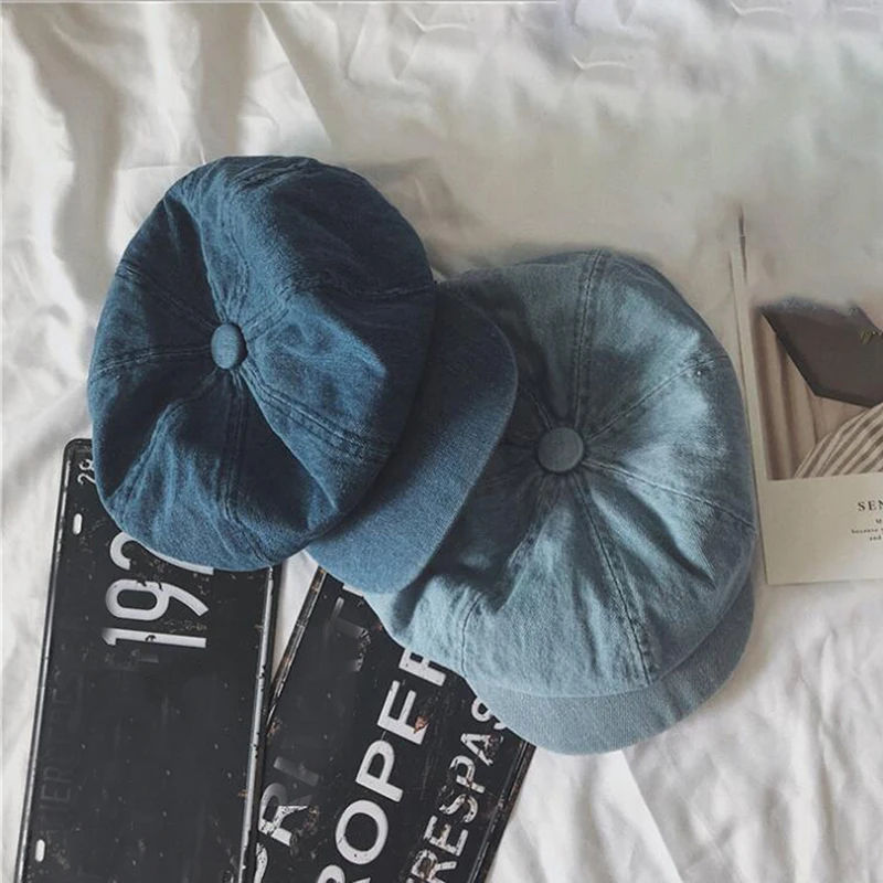 GAOKE Vintage Unisex Newsboy Denim Cap Autumn Cowboy Hat Women Male Octagonal Hat Cabbie Driver Cap Flat Top Korean Painter Hats
