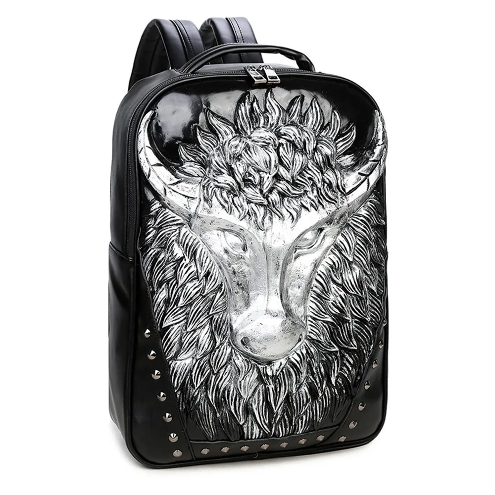 

Cool Rivet Backpack Cow Head Design Daypack Men Mochila