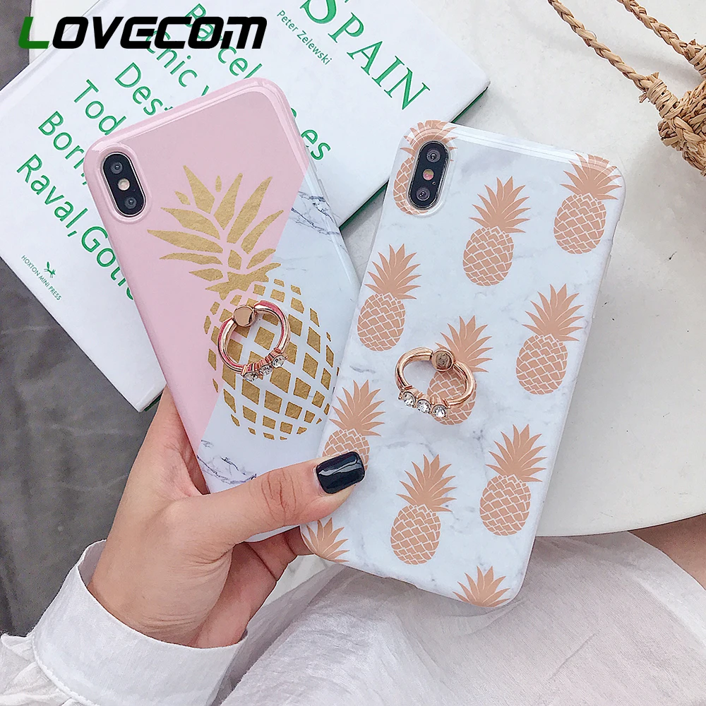 

LOVECOM Gold Pineapple Cases For iPhone XR XS Max 6 6S 7 8 Plus X Luxury Ring Diamond Full Body Soft IMD Phone Back Cover Gift