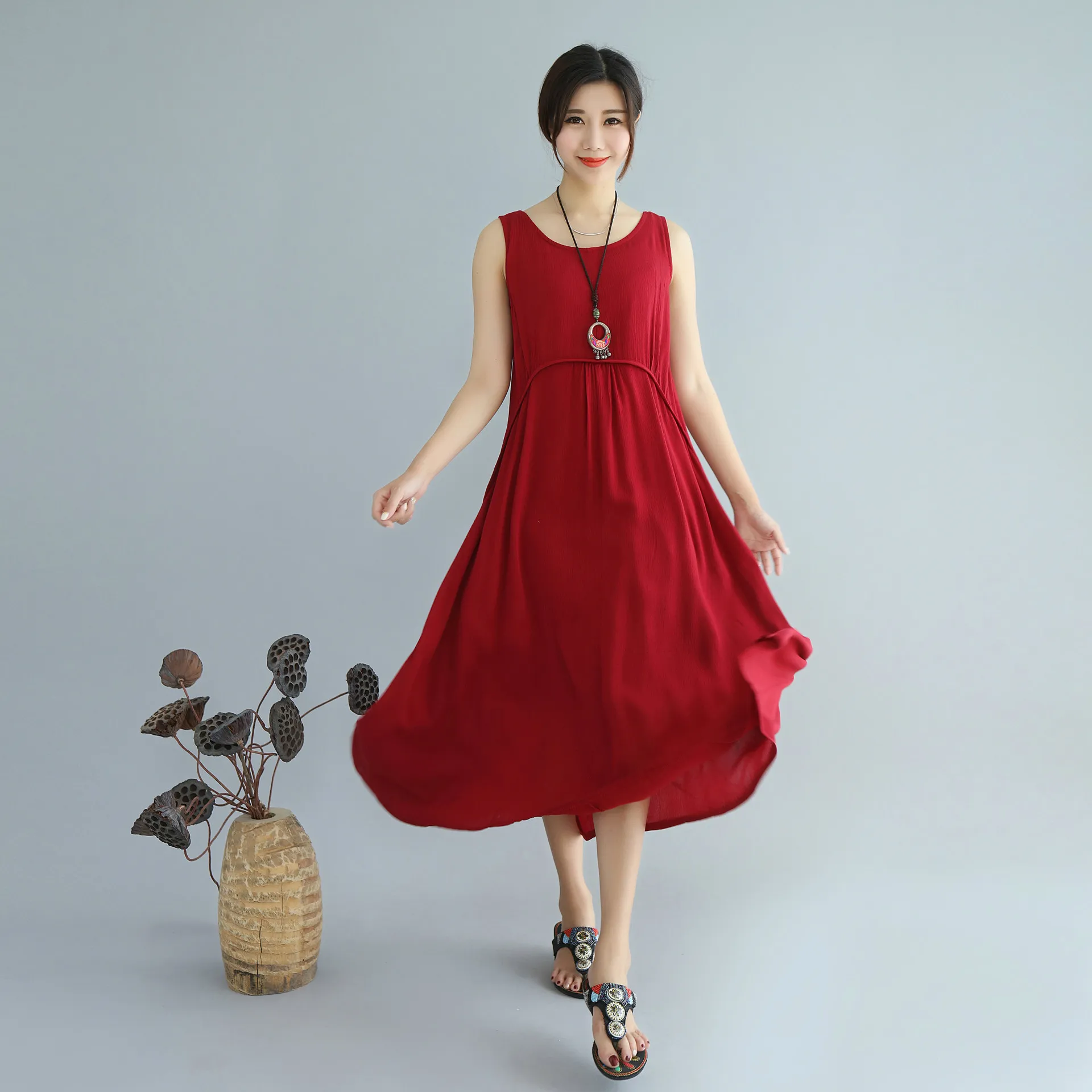 Patchwork Tunic Cotton Linen Dress Women Elegant Summer Red Dresses