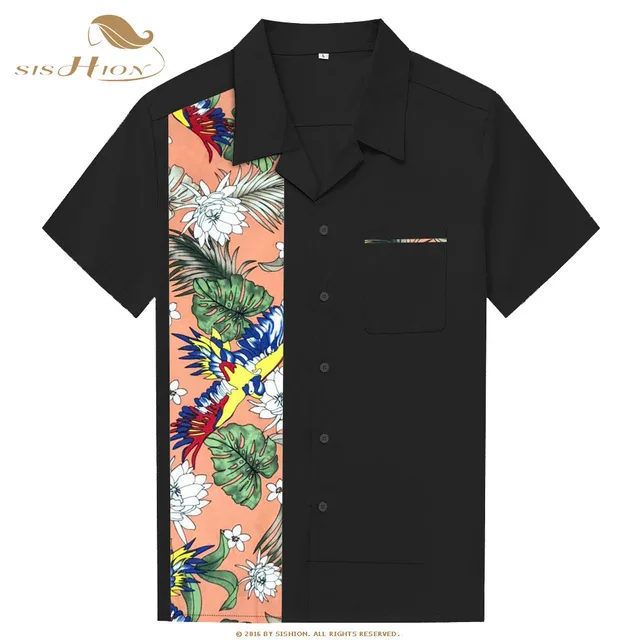 Best Price SISHION Short Sleeve Bowling Shirts 50s Rock ST110 Black Birds Palm Print Men Cotton Rockabilly Vintage Shirts