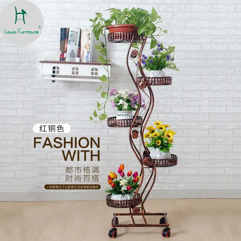

Louis Fashion European Iron Multi Layer Movable Push and Pull Flower Frame with Wheel Floor Mounted Flower Stand Living Room