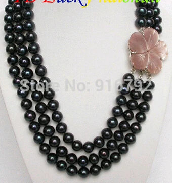 

Wholesale Genuine 3row 10mm 17" black freshwater pearls necklace