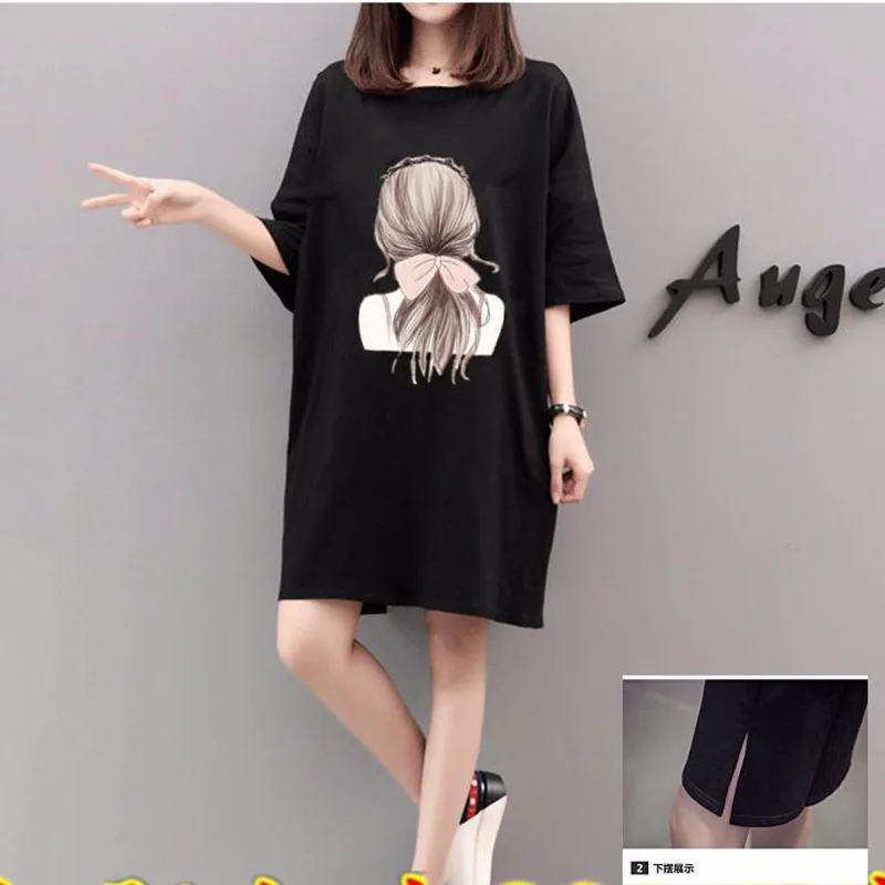 

2019 Summer Casual Character Printed T-shirt Dress Women Korean Long Top Tees Printed Short Sleeve Summer Dress OK79