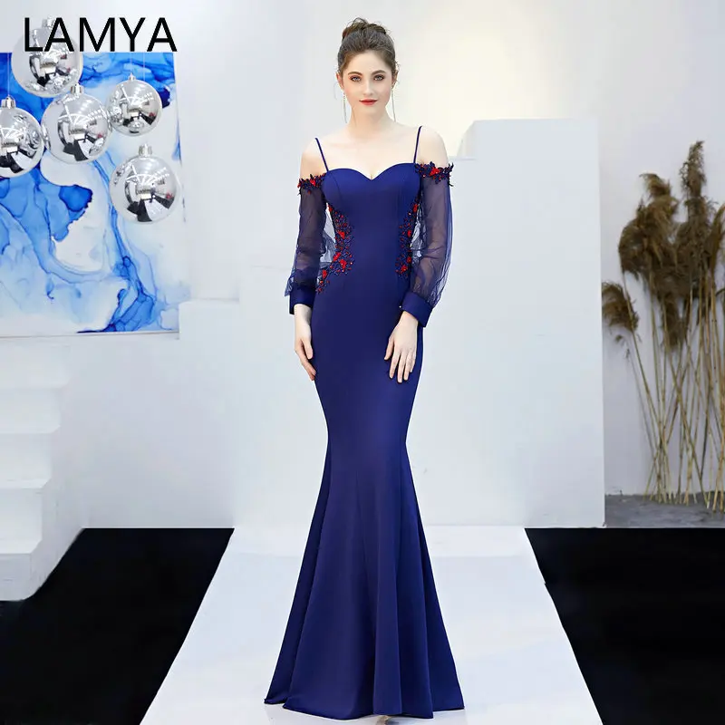 

LAMYA Spaghetti Strap Backless Evening Party Dresses 2019 Mermaid Appliques Party Gown Long Lantern sleeve Robe De Soiree