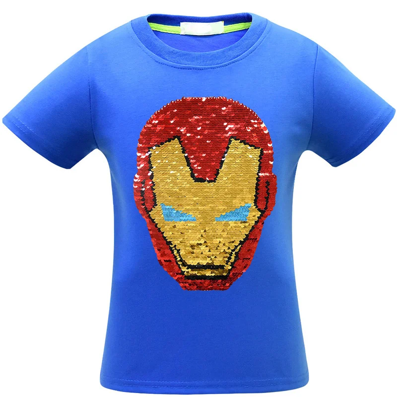 Футболка с короткими рукавами и круглым вырезом для мальчиков и девочек с принтом «Мстители 4», «Железный человек», «Человек-паук», обесцвечивающая блестками - Цвет: 3483 blue