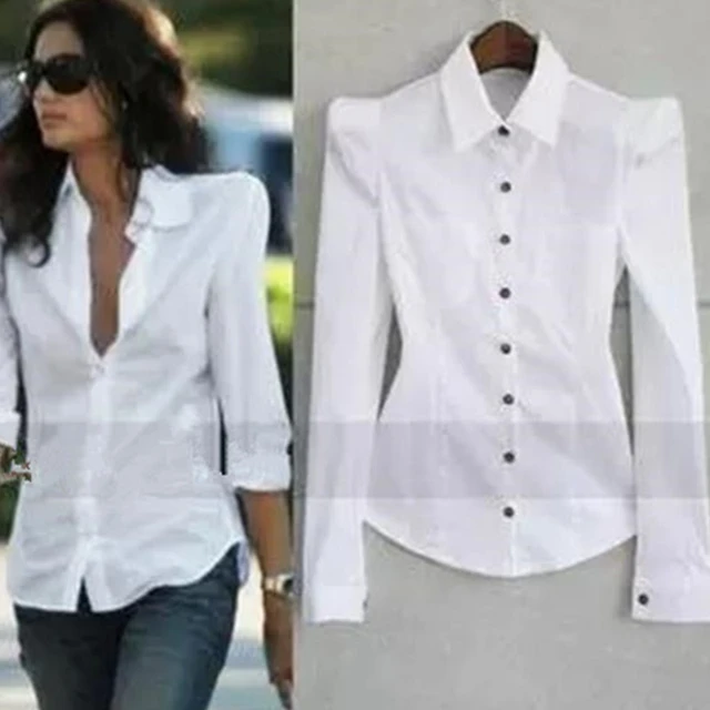 algo Pobreza extrema Lujo Blusa blanca informal para mujer blusa sólida elegante blusas de manga larga  OL camisa de oficina