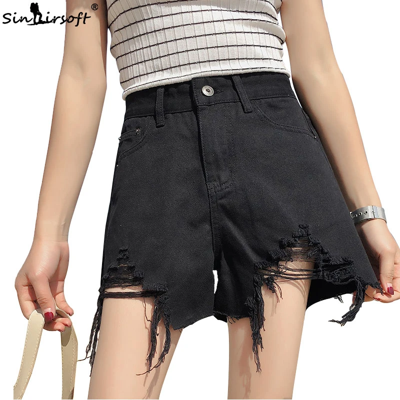 

Women High Waist Denim Shorts Summer Sexy Ripped Hole Jeans Short Femme Plus Size Loose 6 Colors Wide Leg Pockets Shorts 2019