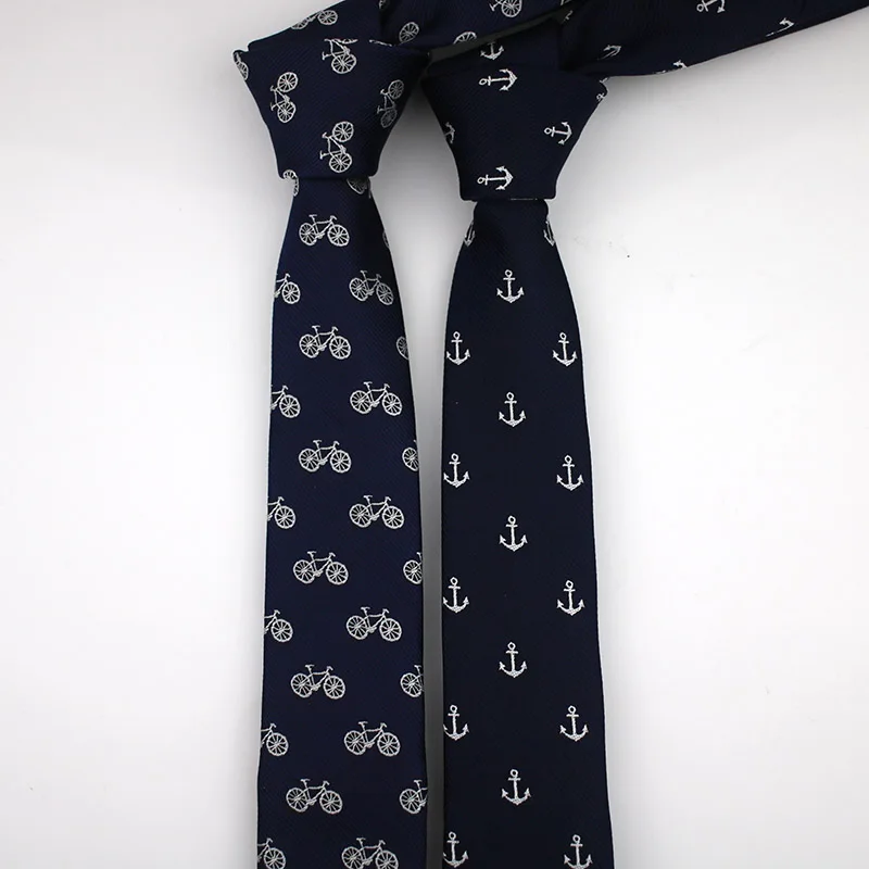 

Formal Polyester Neck Tie 5CM Slim Men's Ties Navy Blue Color Woven Handmade Anchor Bicycle Printed Business Meeting Accessories