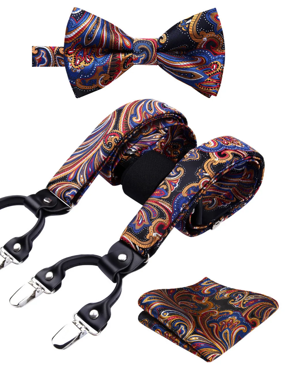 

Men Suspenders Party Wedding Fashion Paisley Floral Various 6 Clips Pre-Tied Bow tie Pocket Square Set Adjustable Braces #S03