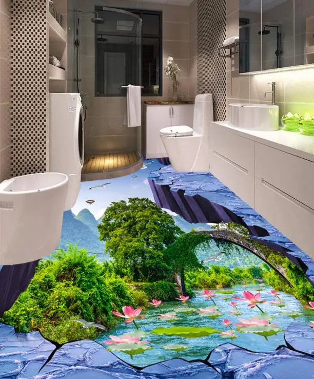 

Customize Photo Printing Birds Creek lotus Flooring Wallpaper 3D Universe Floor Wallpaper PVC self-adhesive Floor