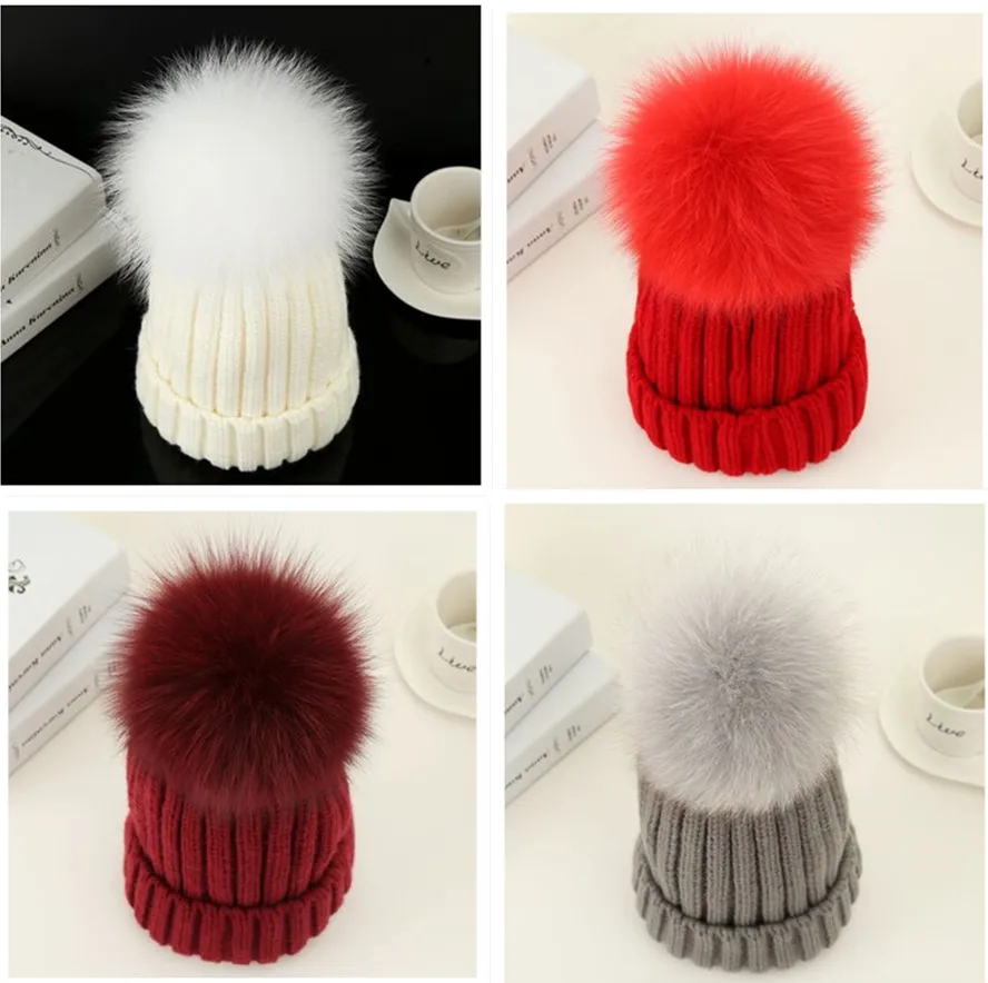

Fashion Women Hat Winter 15cm Fox Fur Ball Pom Pom Knit Beanie Ski Cap Bobble