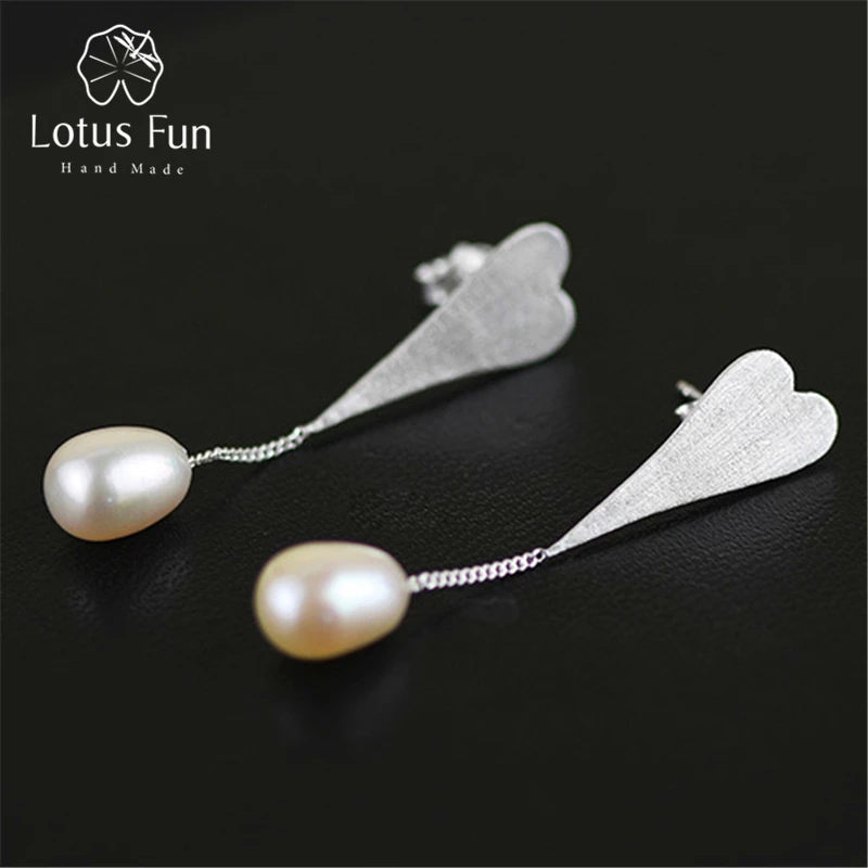 

Lotus Fun Real 925 Sterling Silver Natural Pearl Creative Handmade Fine Jewelry Love Heart Water Drop Dangle Earrings for Women