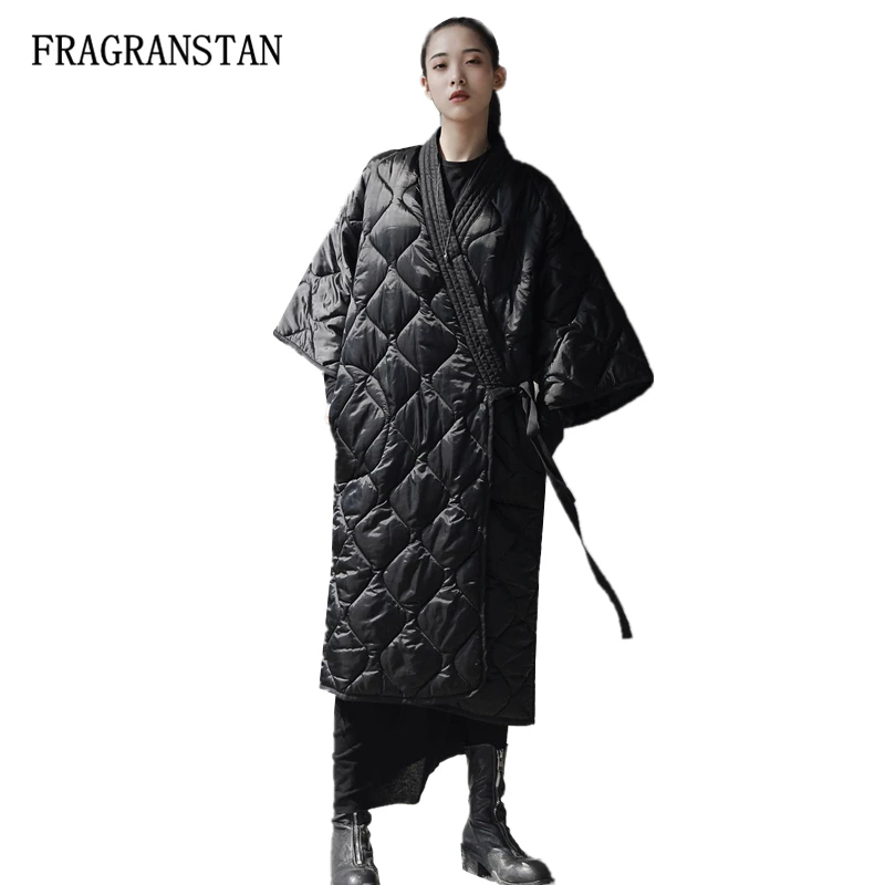 

Winter Female New V-Neck Long Wadded Cotton Coat Women Harajuku Fashion Argyle Belt Parkas Ladies Personality Black Jacket JQ512
