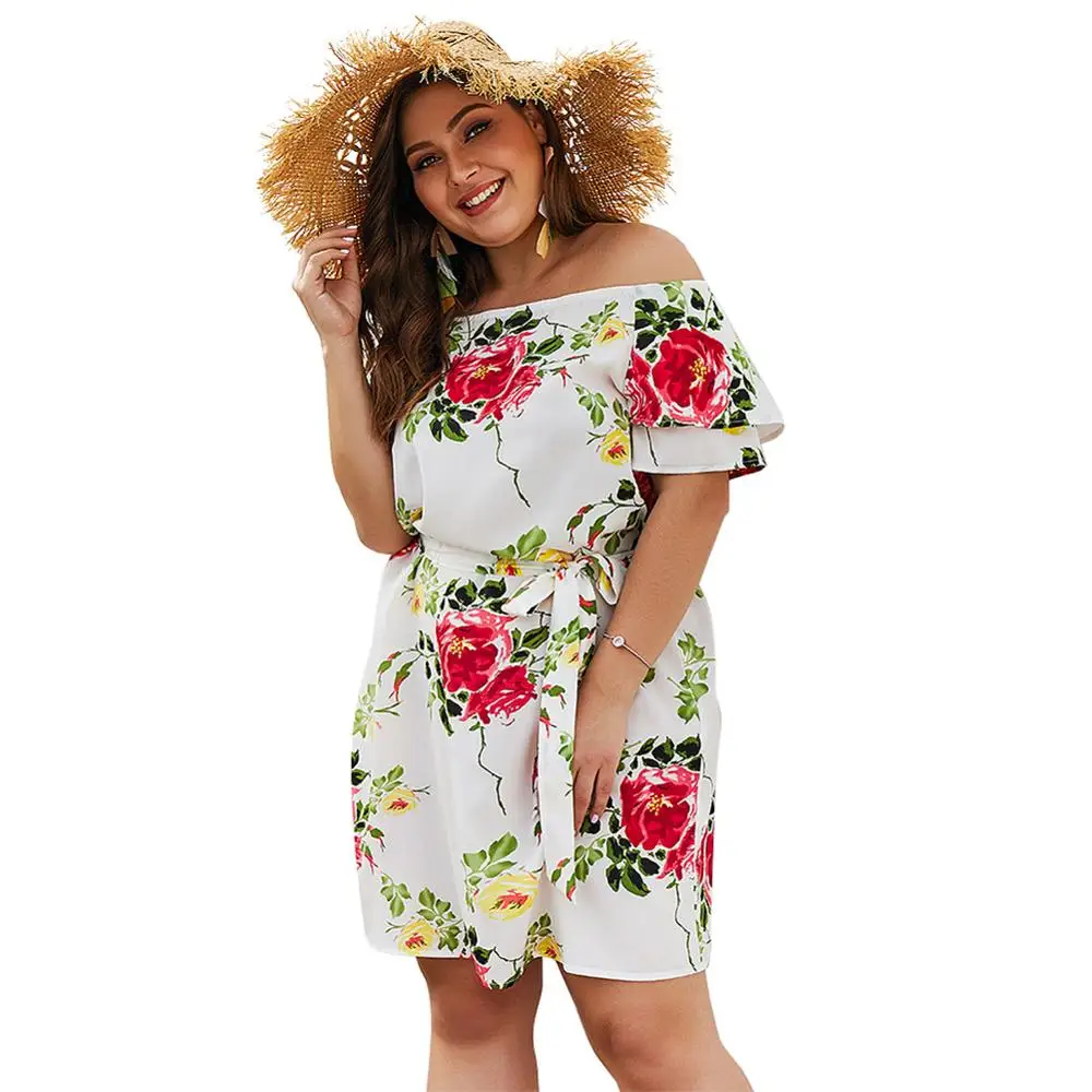 

Flower Plus Size 3XL 4XL Beach Dress Slash Neck Summer Flower Women Party Female Short Sleeve Floral Printed Jurk Sashes Vadim